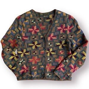 Peruvian Connection Pima Cotton Knit Cardigan XS Button Up Pinwheel Artisan
